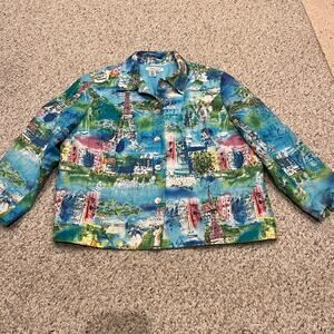 Coldwater Creek Paris Eiffel Tower Print Blazer Jacket Sz XL Petite Linen Blend